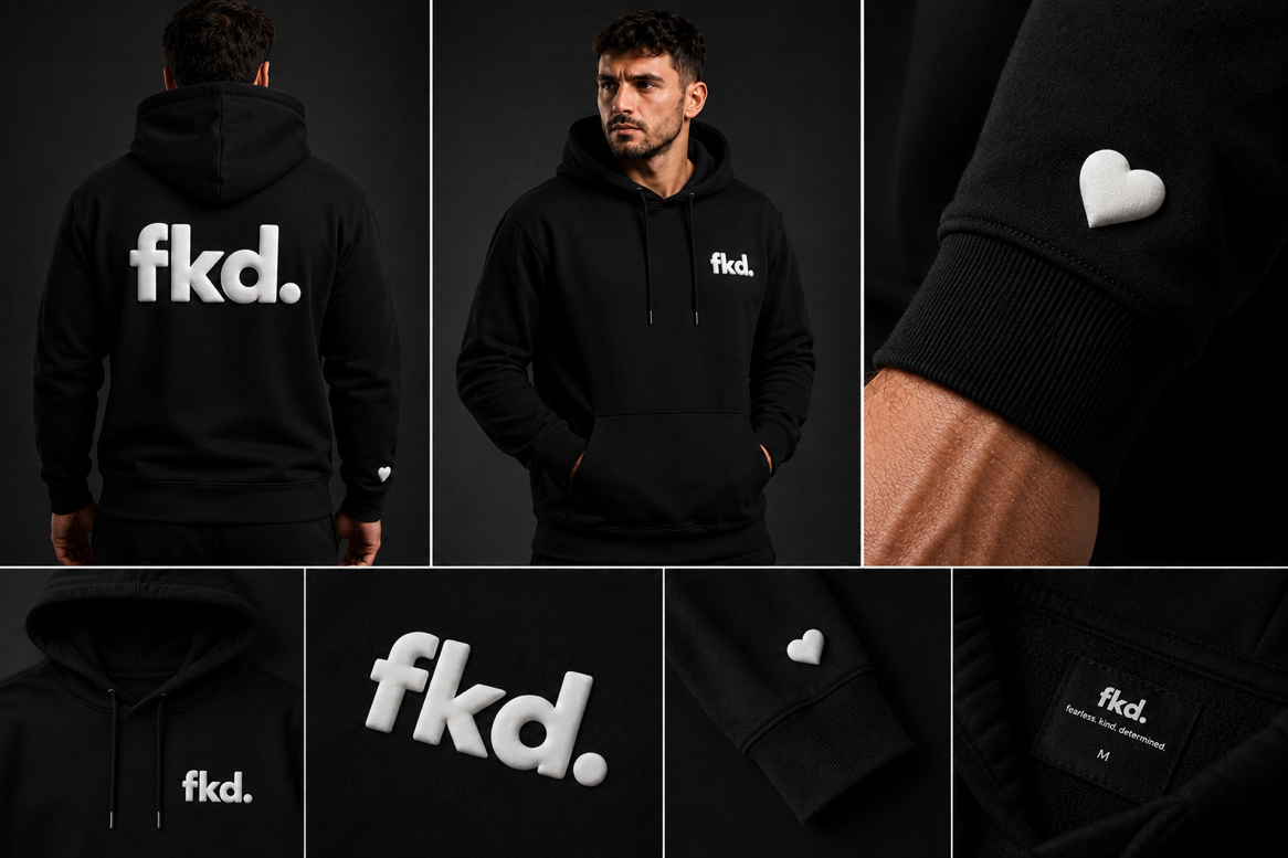 fkd Heart Hoodie — black premium hoodie with heart on the sleeve, wear the fight