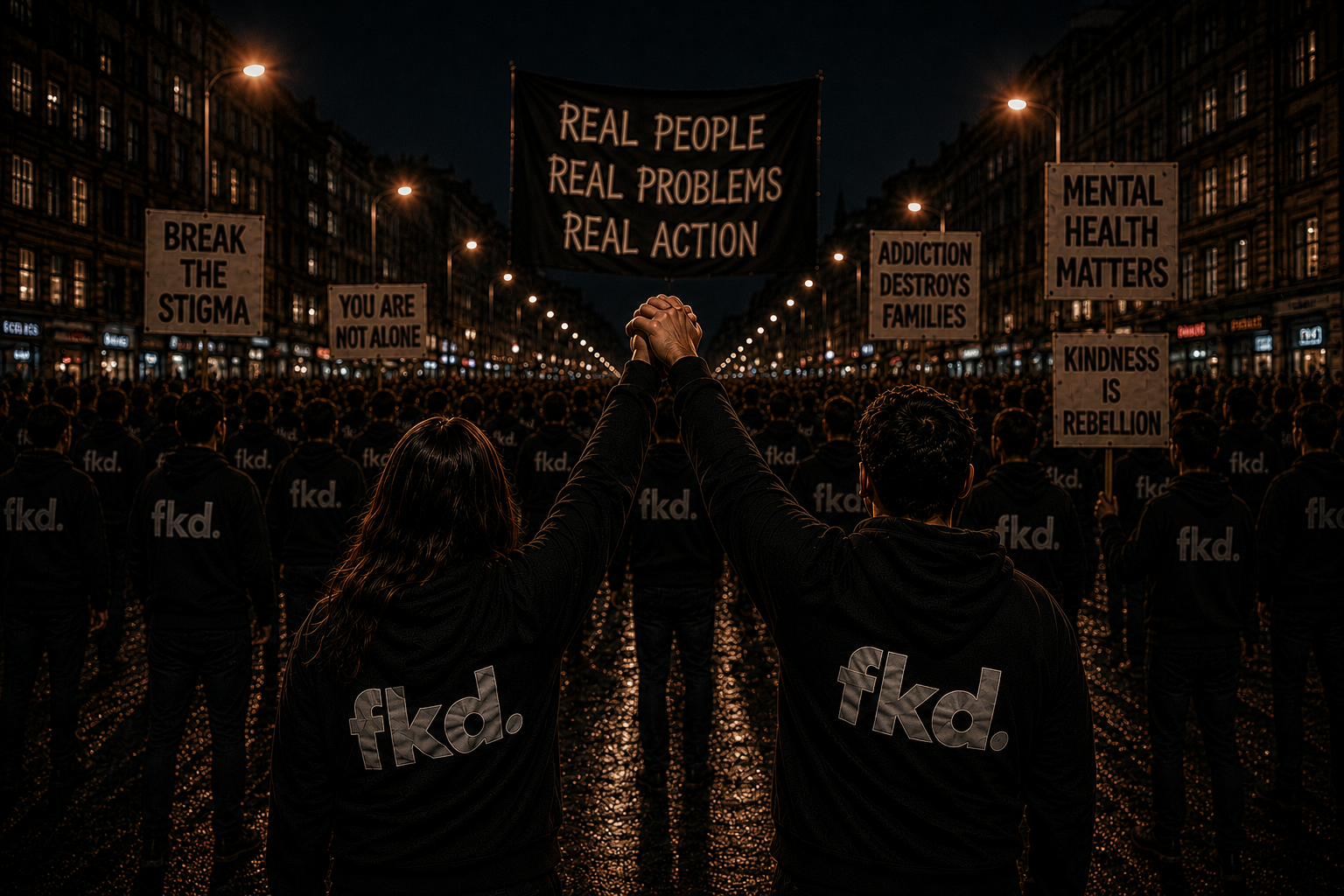 A crowd of fkd. fighters standing together in the street at night, holding signs reading Real People Real Problems Real Action, Break The Stigma, Mental Health Matters, and You Are Not Alone